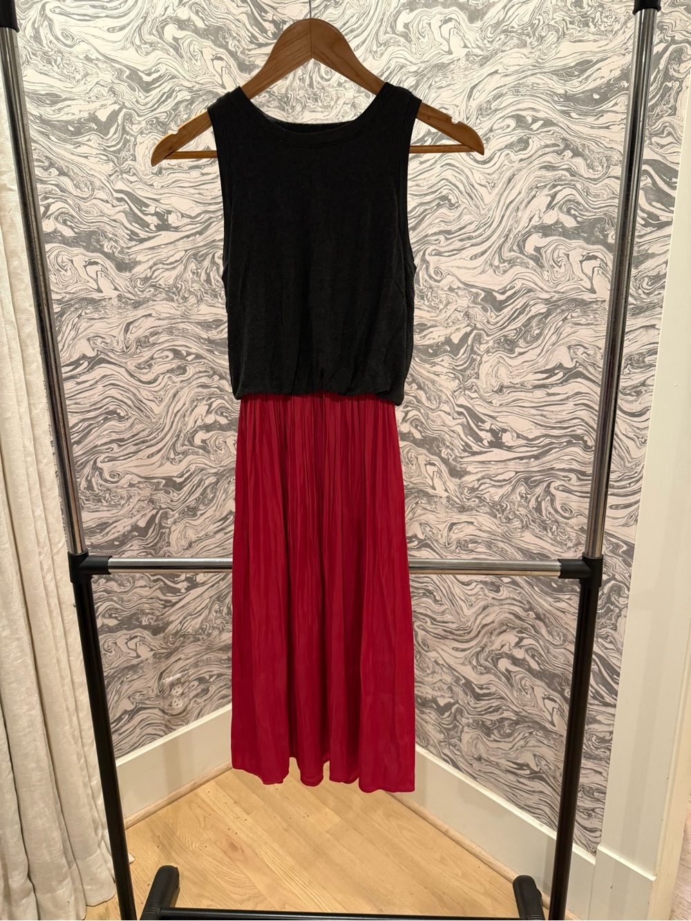 LOFT Black Knit Bodice with Red Pleated Midi Skirt Dress